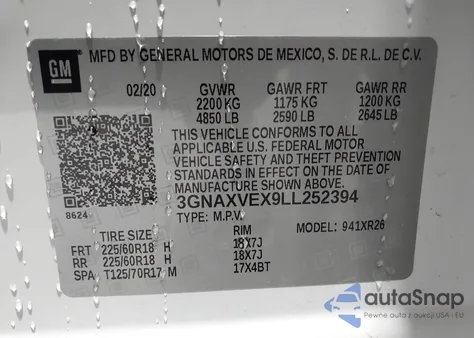 2020 Chevrolet Equinox Awd Lt 2.0L Turbo из США, поврежденный, VIN 3GNAXVEX9LL252394